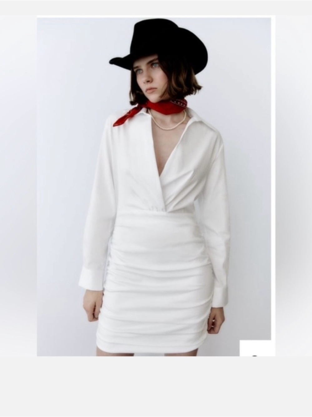 Zara White Long-Sleeve V-Neck Ruched Mini Dress